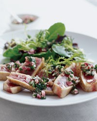 Seared tuna with chimichurri sauce and greens
