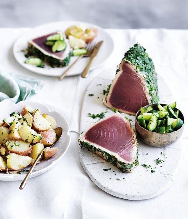 Seared tuna with dill cucumbers and potato salad