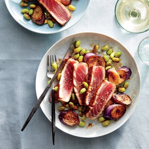 Seared tuna with eggplant and edamame