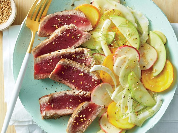 Seared tuna with shaved vegetable salad