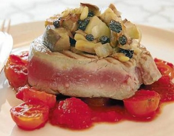 Seared tuna with sweet and sour eggplant and cherry tomatoes