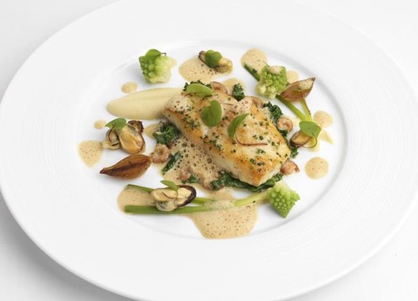 Seared turbot with celeriac, brown shrimp, mussels and shellfish velouté