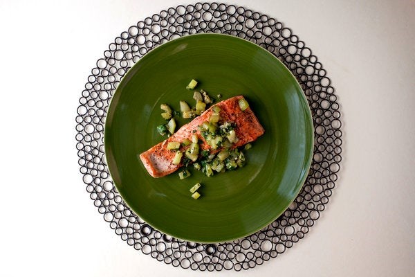 Seared wild salmon with brown butter cucumbers