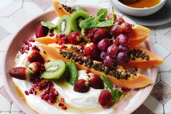 Seasonal fruit and rosewater dressing, yoghurt and mint
