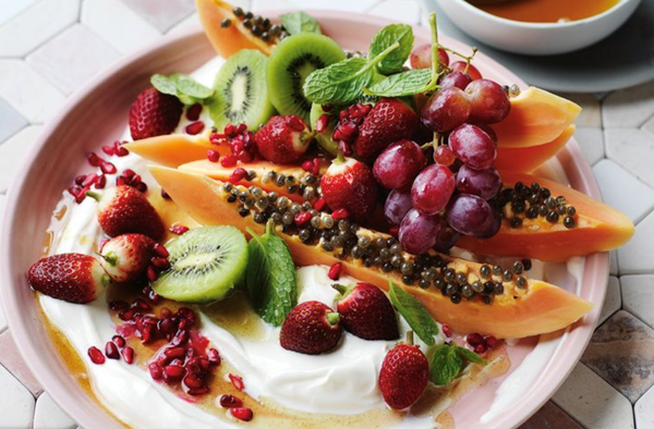 Seasonal fruit and rosewater dressing, yoghurt and mint