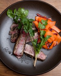Seaweed-dusted pork chops with quick-pickled carrots