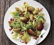 Seckel pear and crispy mortadella salad