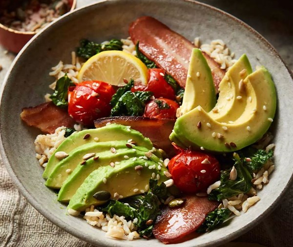 Seeded avocado & meat-free bacon rice bowl