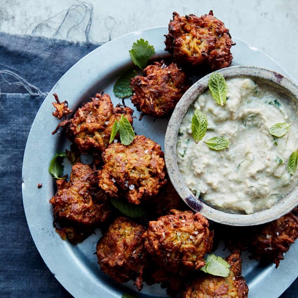 Seeded bhajis with sunflower seed raita