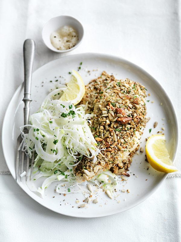 Seeded schnitzel with fennel and apple slaw