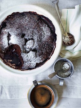 Self-saucing chocolate and almond milk pudding