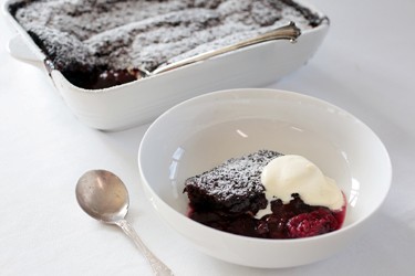 Self-saucing chocolate and black doris plum pudding