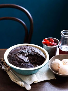 Self-saucing chocolate and sherry pudding with quince and quince and sherry ice-cream