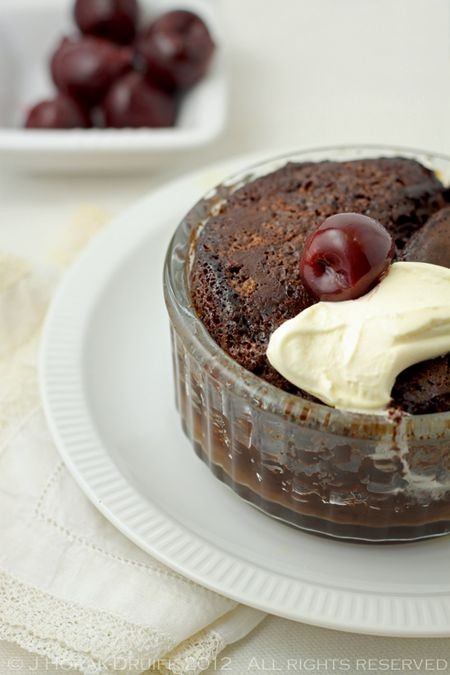 Self-saucing chocolate cherry puddings