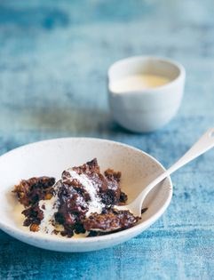 Self-saucing dark chocolate fig and hazelnut pudding