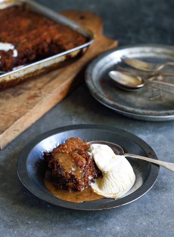 Self-saucing ginger, date and walnut pudding
