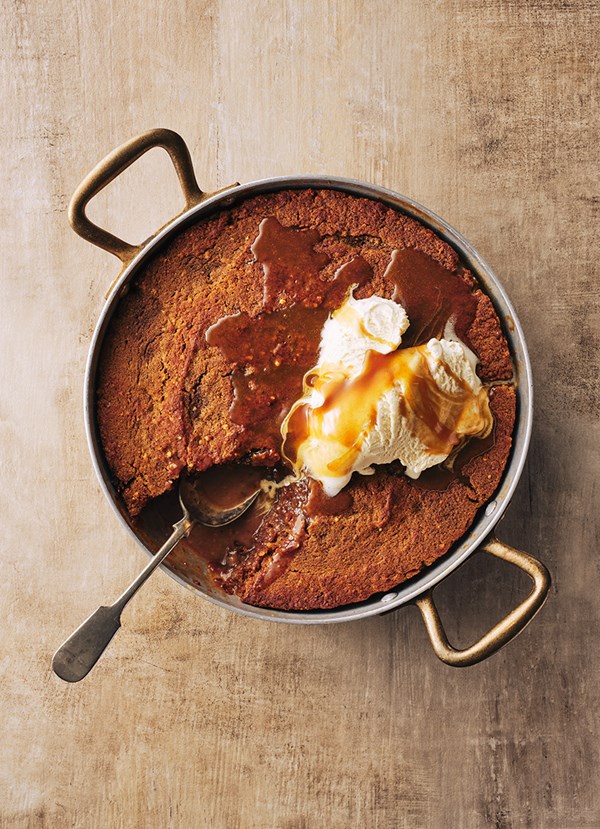Self-saucing ginger, date and walnut pudding 