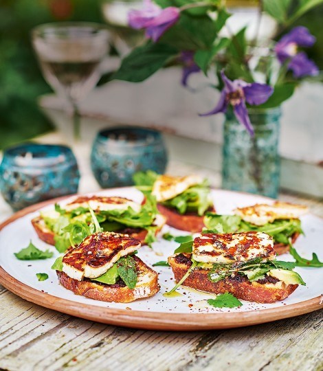 Selin's grilled halloumi with avocado, black olive tapenade, rocket and lemon-oregano dressing