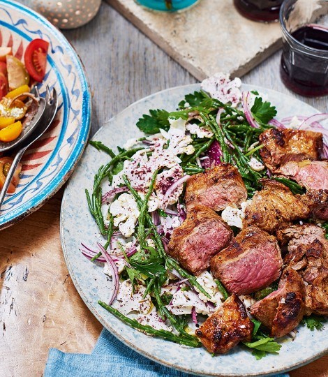 Selin's spiced lamb with samphire and sumac salad