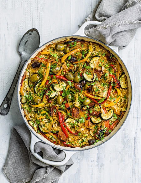 Semi-dried tomato and olive paella