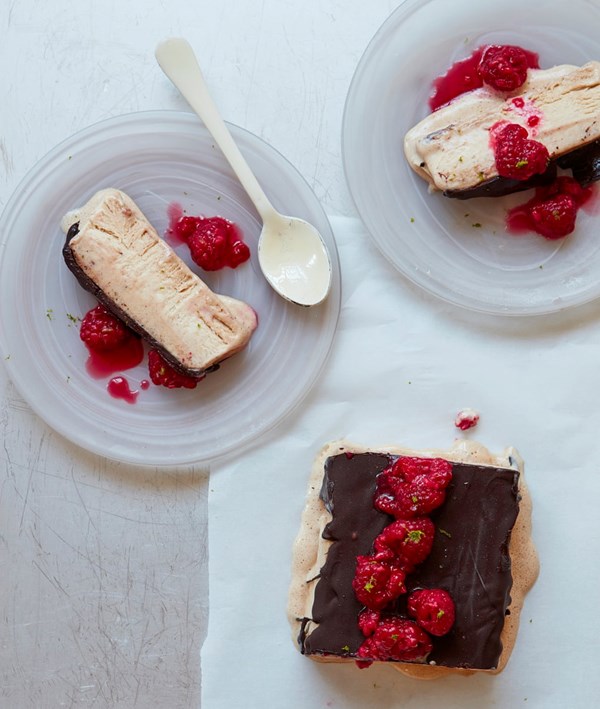 Semifreddo with chocolate drizzle and raspberries