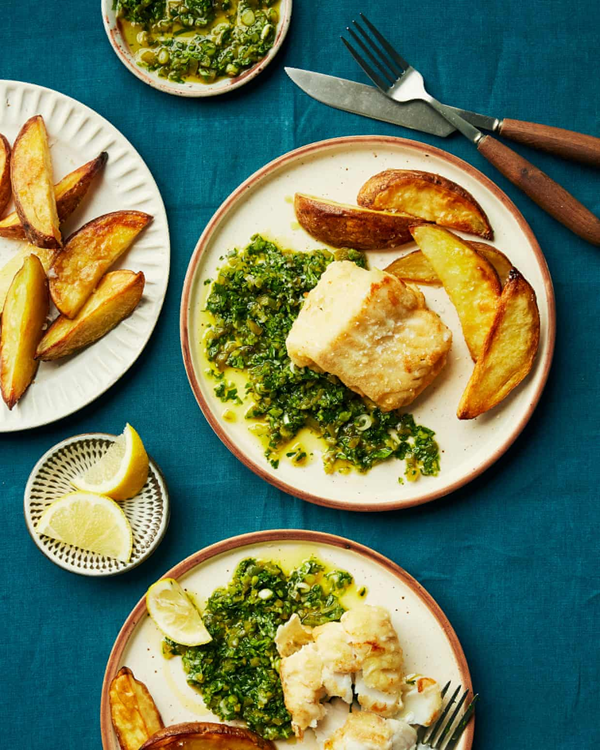 Semolina-crusted fried cod with coriander ezme