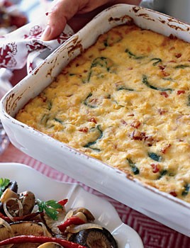 Serrano ham and poblano corn pudding