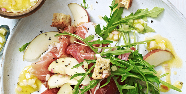 Serrano ham and red pear salad