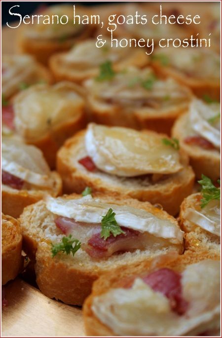Serrano ham, goats cheese and honey crostini