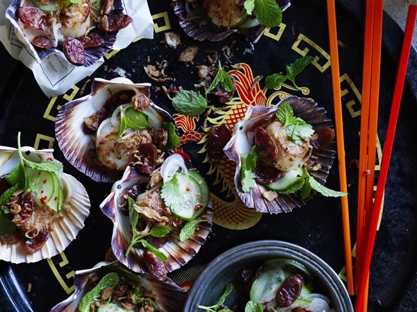 Sesame & ginger scallops with Chinese sausage salad