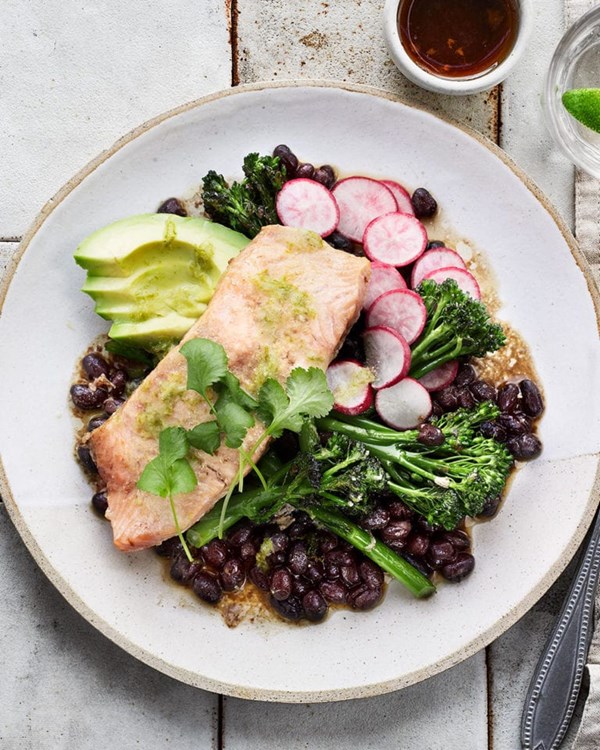 Sesame & soy steamed salmon with lime & wasabi dressing