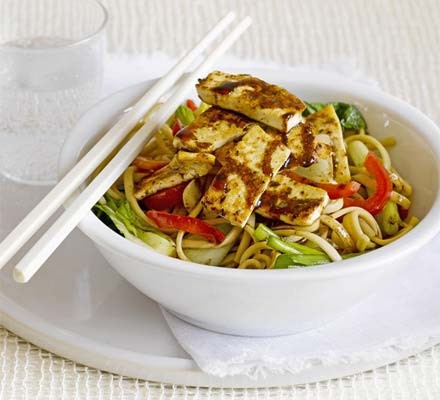 Sesame and honey tofu with rice noodles