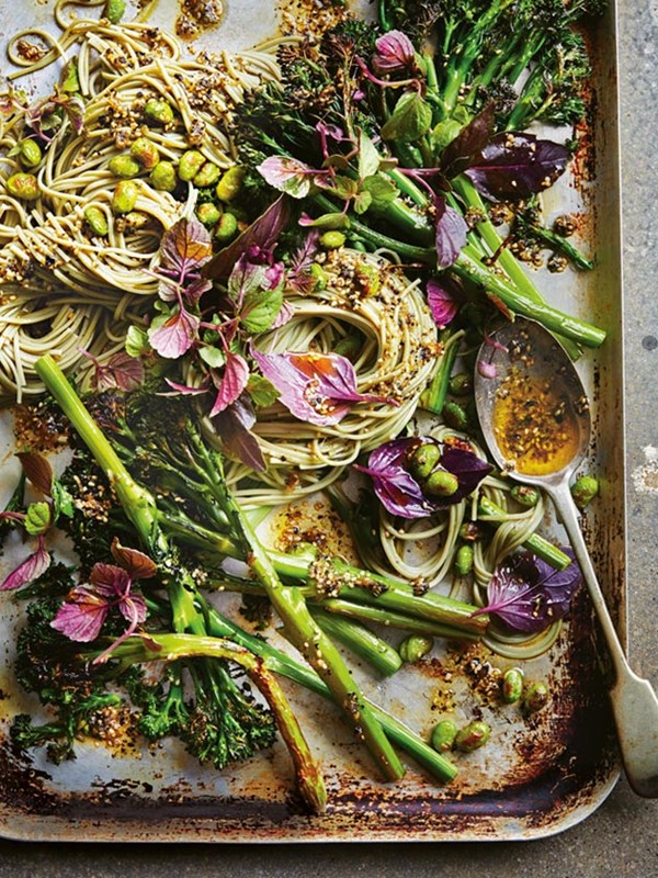 Sesame and nori roasted broccolini with green tea noodles
