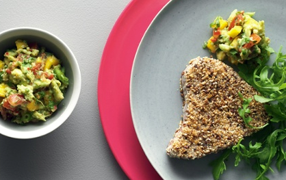 Sesame and Szechuan-coated seared tuna steak with coriander, mango and chilli guacamole "salsa"