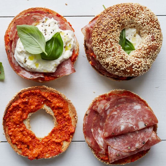 Sesame bagels with soppressata and burrata