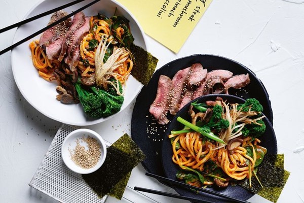 Sesame beef with gochujang udon noodles