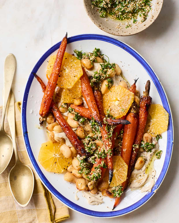 Sesame, carrot, orange and crisp bean salad