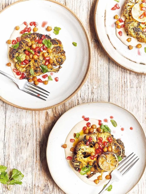 Sesame cauliflower steaks with tahini chickpeas