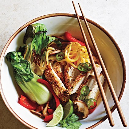 Sesame chicken and noodles in mushroom broth