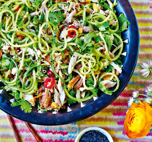 Sesame chicken salad with cucumber noodles