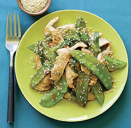 Sesame chicken with ginger and snow peas