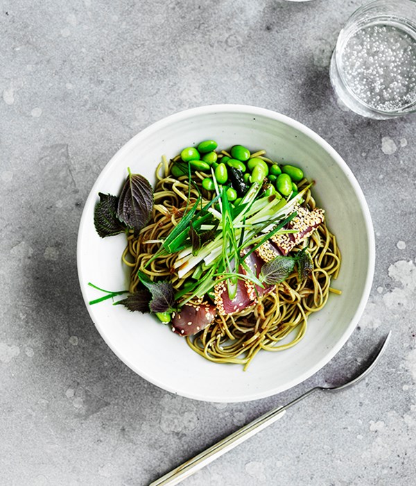 Sesame-crusted bonito and edamame with green tea soba noodles