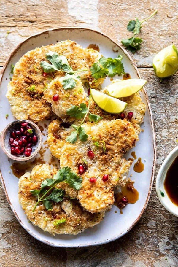 Sesame crusted cauliflower with pomegranate ponzu sauce