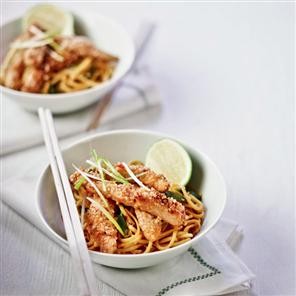Sesame-crusted chicken with chilli and soy noodles