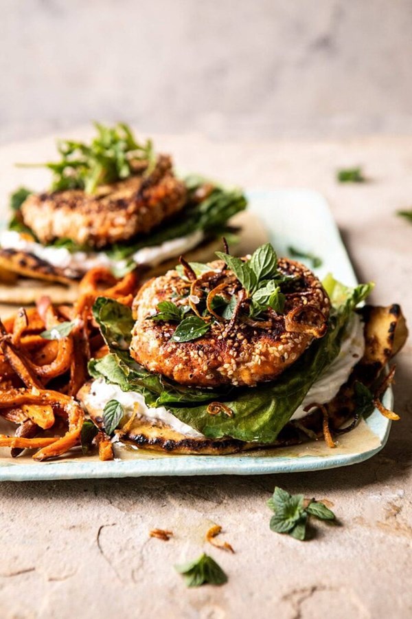 Sesame crusted curried salmon burgers with lemony herbs