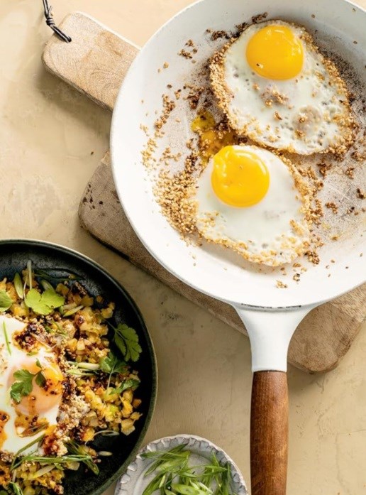 Sesame-crusted eggs with cauliflower fried rice