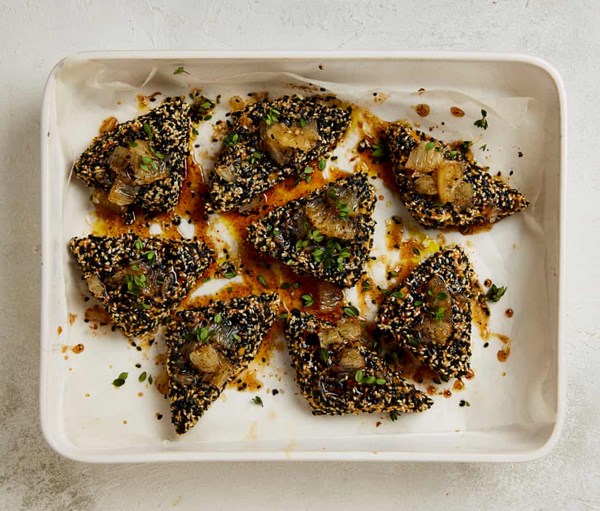 Sesame crusted feta with burnt honey syrup