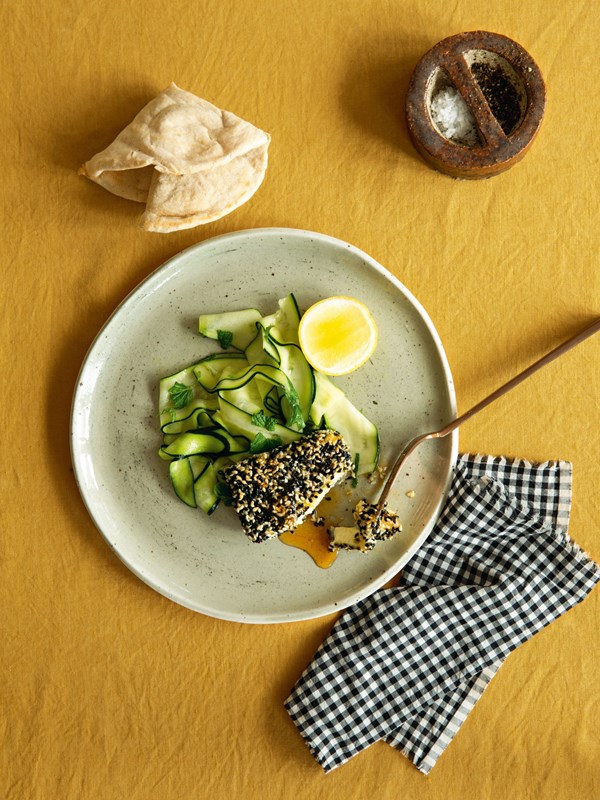 Sesame crusted feta with honey & a zucchini salad