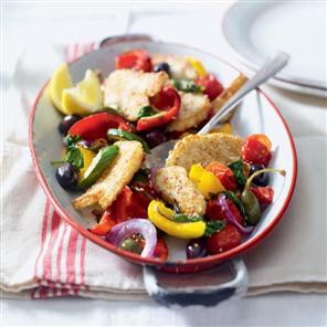Sesame-crusted halloumi with Mediterranean veg