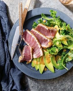 Sesame-crusted seared tuna with avocado salad and sesame-miso vinaigrette